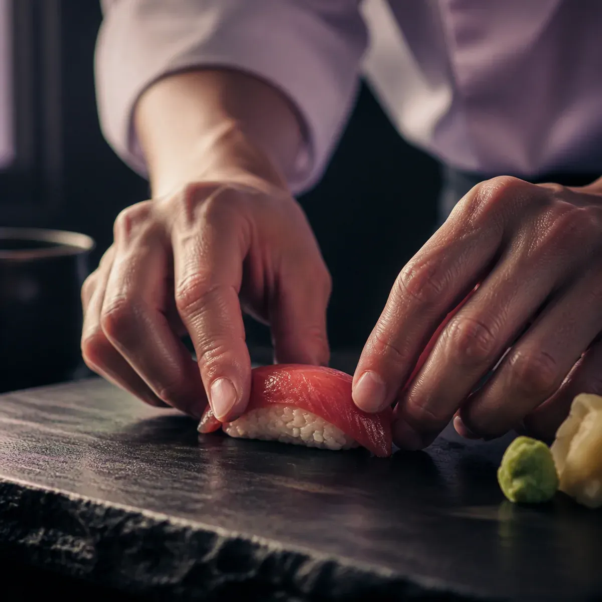 Chef hands preparing nigiri at the counter