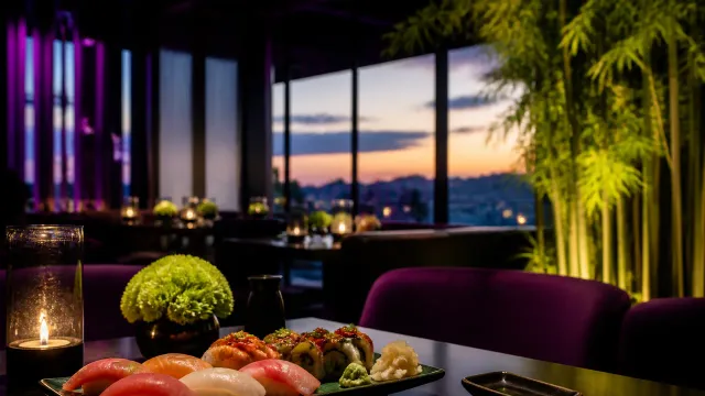 Elegant sushi restaurant dining scene with ambient lighting