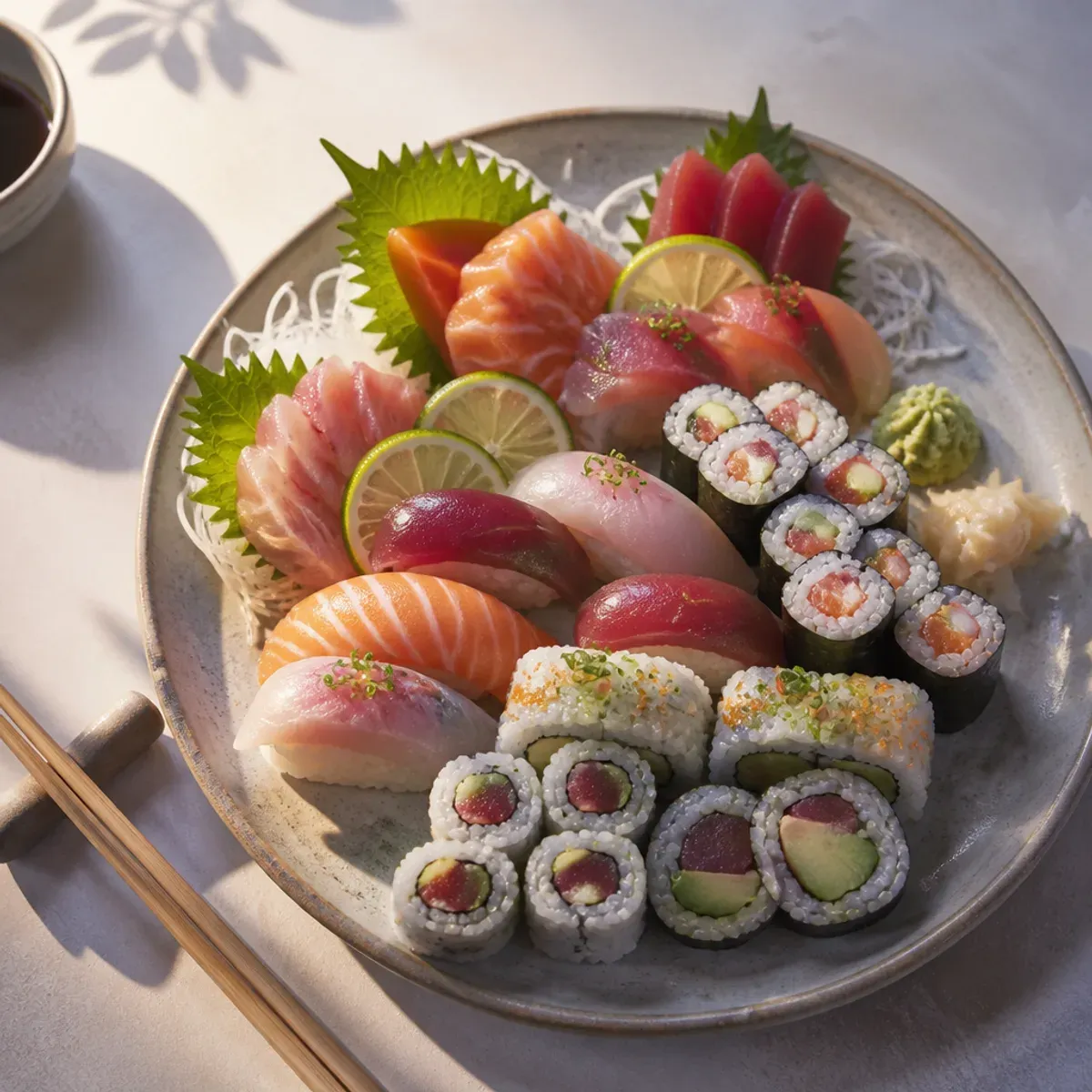 Assorted sushi rolls and sashimi on ceramic plate