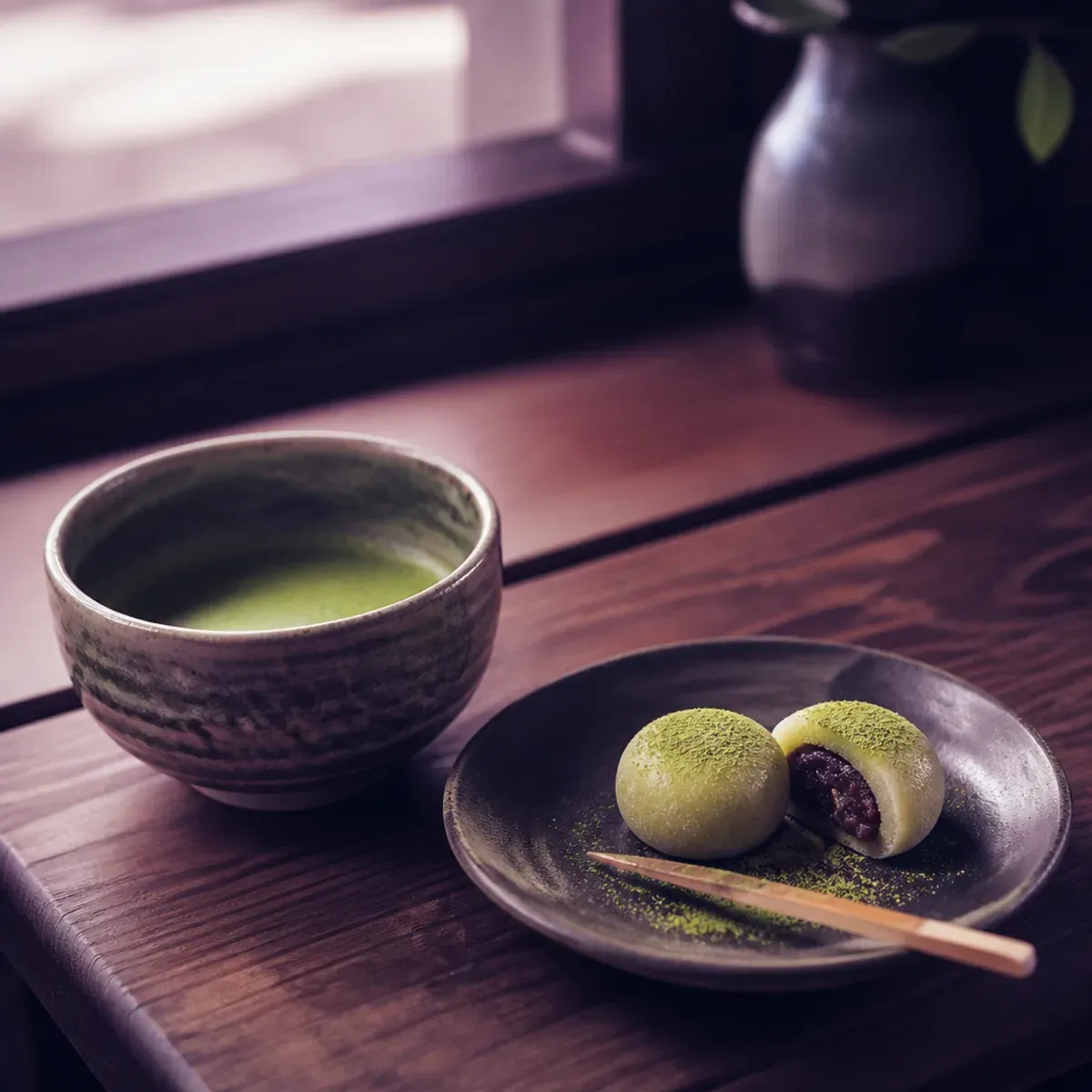 Matcha tea and mochi dessert on wooden counter