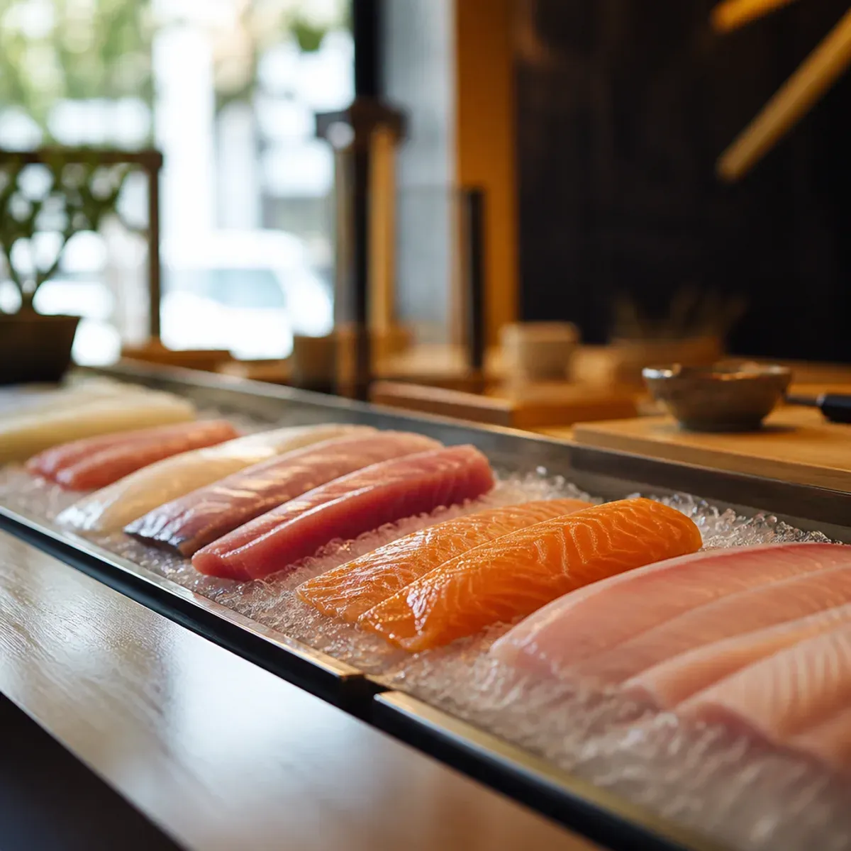 Fresh fish fillets on ice at the sushi bar