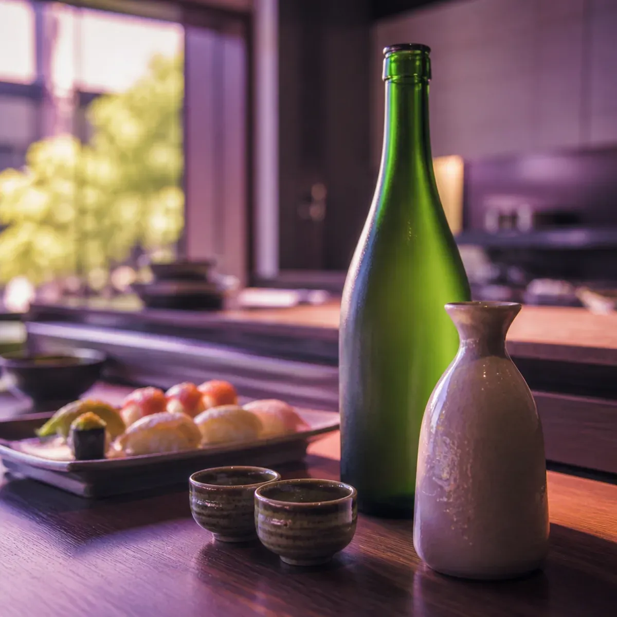 Sake bottles and cups on the sushi bar