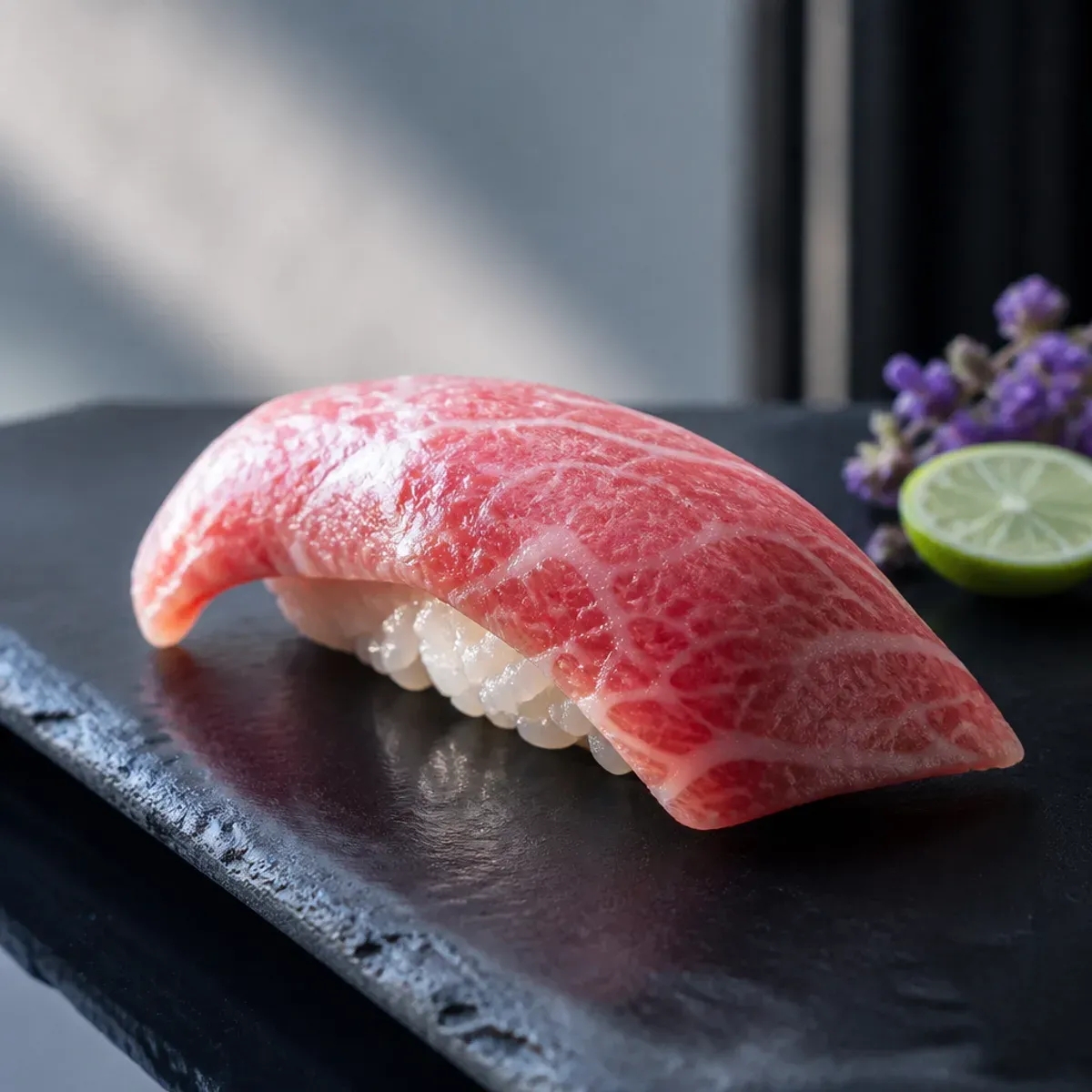 Wagyu nigiri close-up on black plate